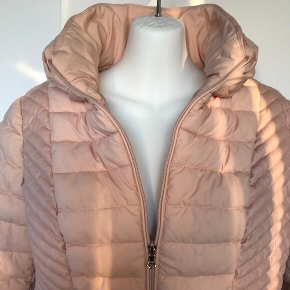 GUESS stretch water/windproof blush pink puffer moto contrasting vegan leather M - Picture 7 of 16